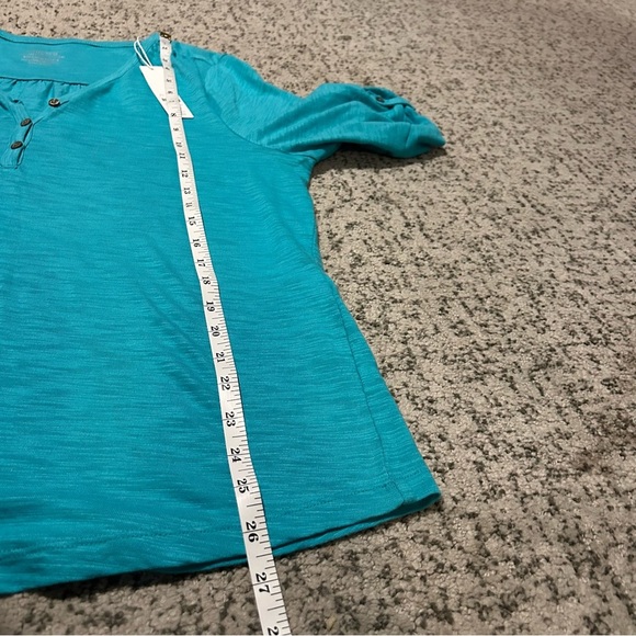 NWT Chico’s Aqua Azul Cotton Slub Henley Elbow Basic Knit Short Sleeve Top Sz L - Picture 9 of 10